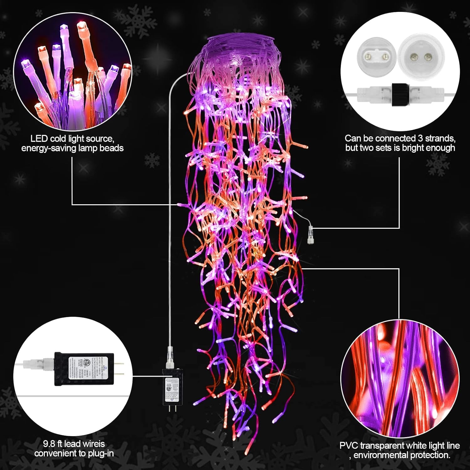 65 FT 640 LED Halloween Lights Outdoor Decorations Clear Wire String Lights Plug in 120 Drops 8 Modes Memory Timer Curtain Fairy Lights Waterproof for Holiday Wedding Party-Orange and Purple