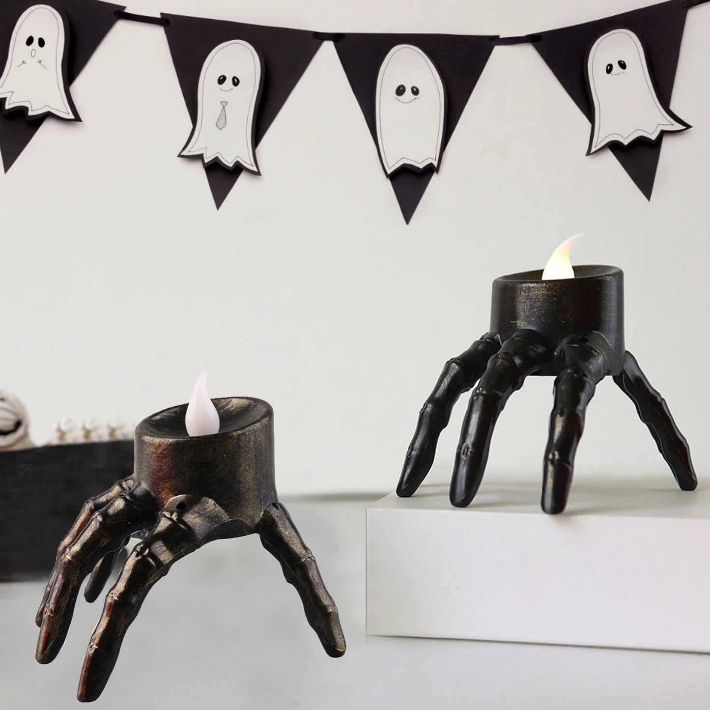 Halloween Flameless Candles Holder Lights, Ghost Skeleton Hand Candle, Battery Operated Led Candle Lights for Home Party, Halloween Decorations Indoor
