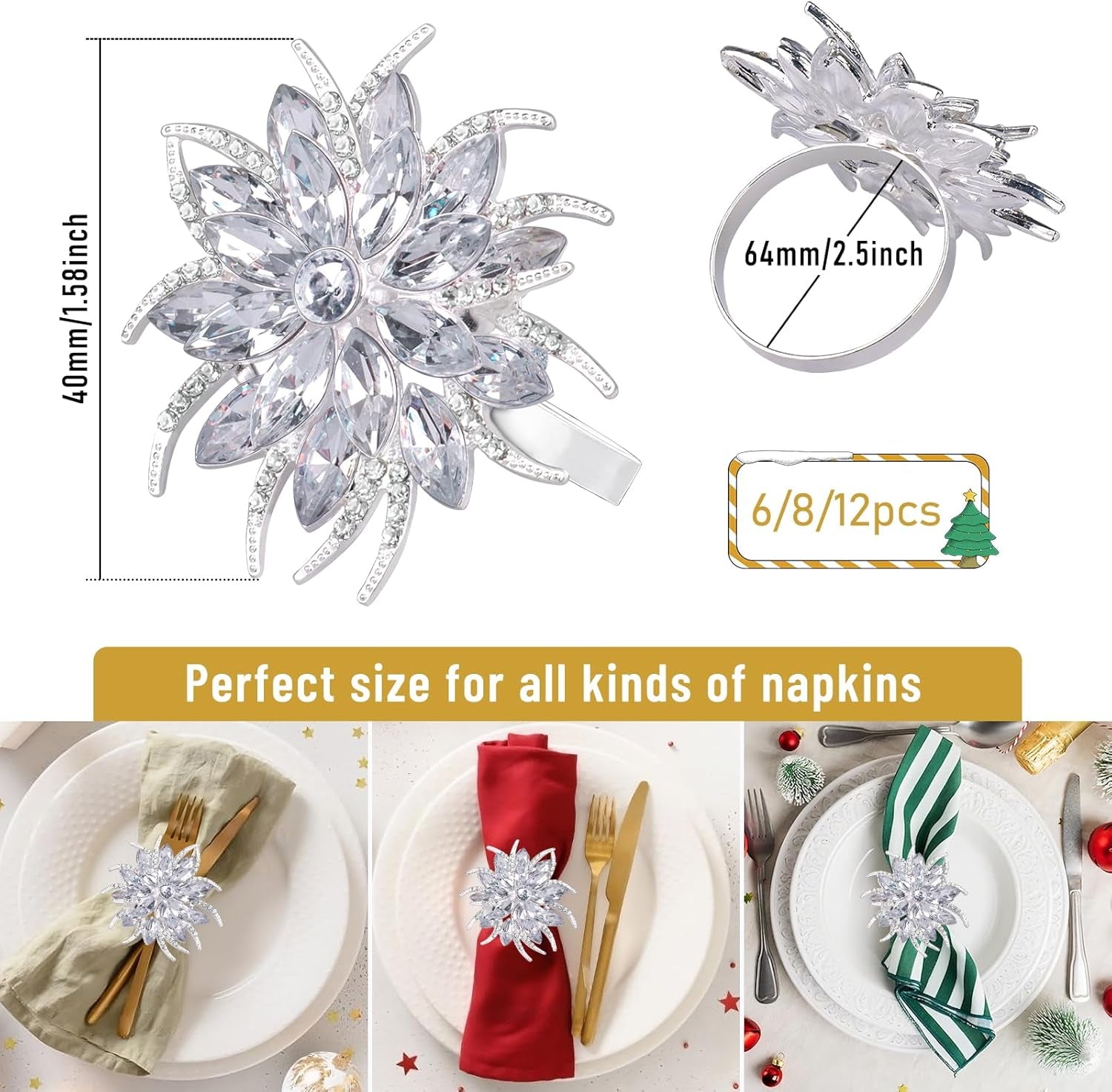 Set of 12 Christmas Lotus Flower Napkin Rings Set for Dinning Table Setting- Silver Rhinestone Xmas Winter Napkin Ring Holders for Cloth Napkins, Christmas Holiday Party Dinner Table Decoration