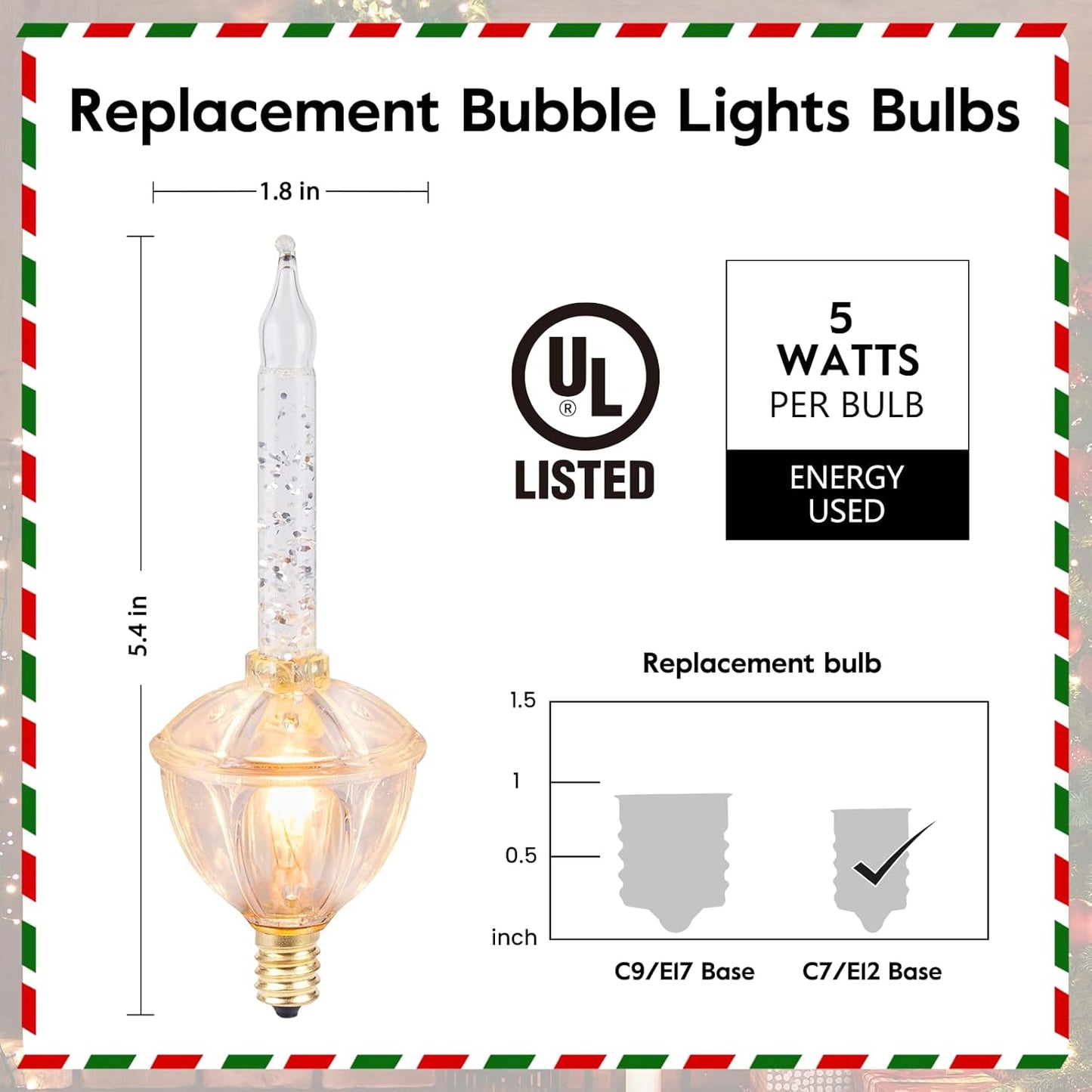 14 Pack Bubble Lights Replacement Bulbs, Clear Fluid Lights Bulbs, C7 E12 Candelabra Base, Xmas Bubble Lamps for Christmas Tree Decorations, Warm White