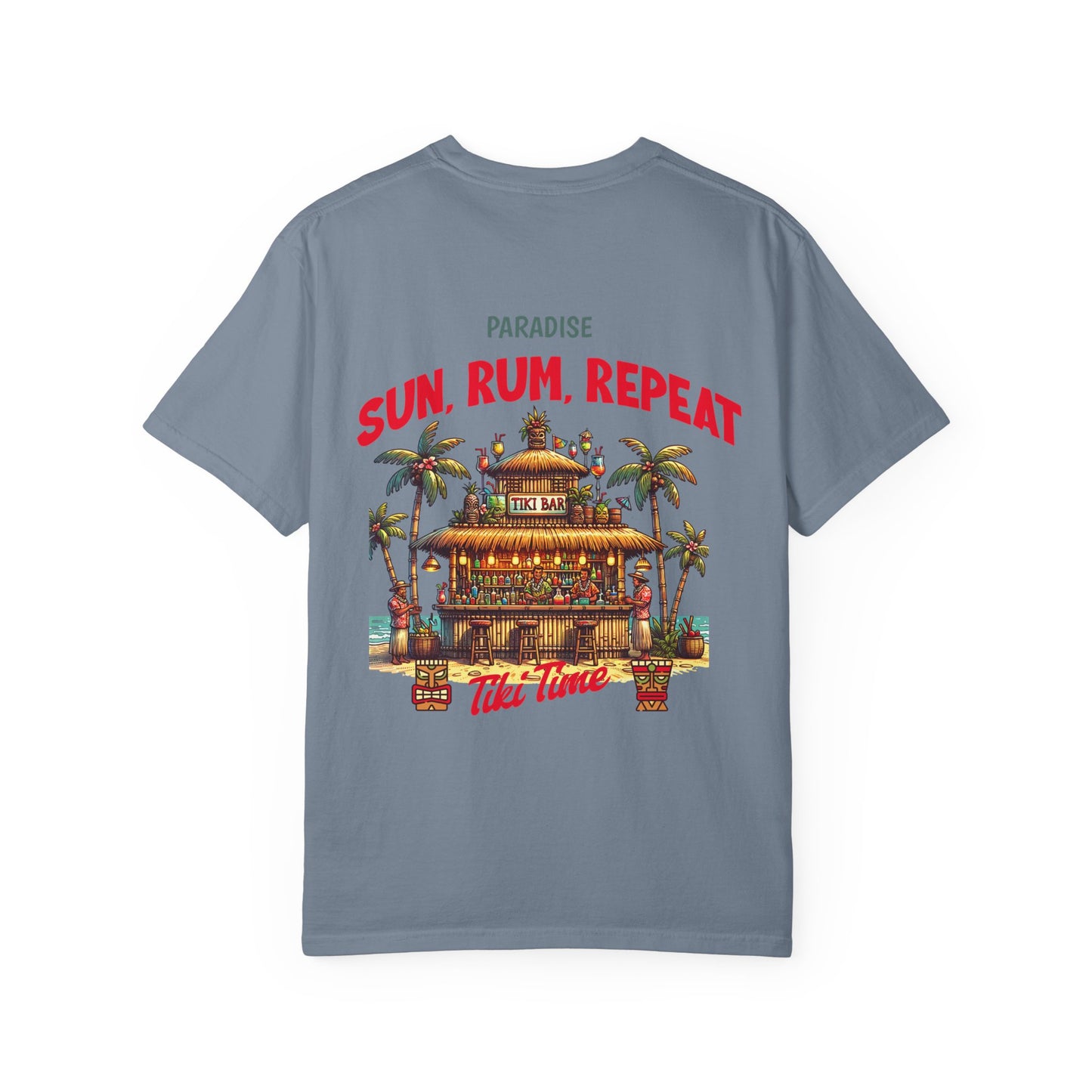 MENS TIKI BAR T-SHIRT — "Sun, Rum, Repeat" Tropical Tiki Paradise