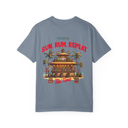 MENS TIKI BAR T-SHIRT — "Sun, Rum, Repeat" Tropical Tiki Paradise
