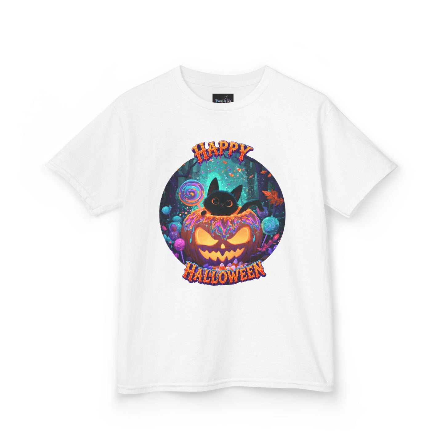 KIDS T-SHIRT Halloween  — Happy Halloween SMILING Cat & Jack-O'-Lantern Pumpkin Design