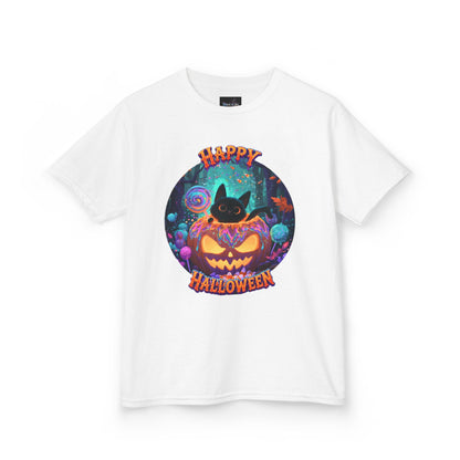 KIDS T-SHIRT Halloween  — Happy Halloween SMILING Cat & Jack-O'-Lantern Pumpkin Design