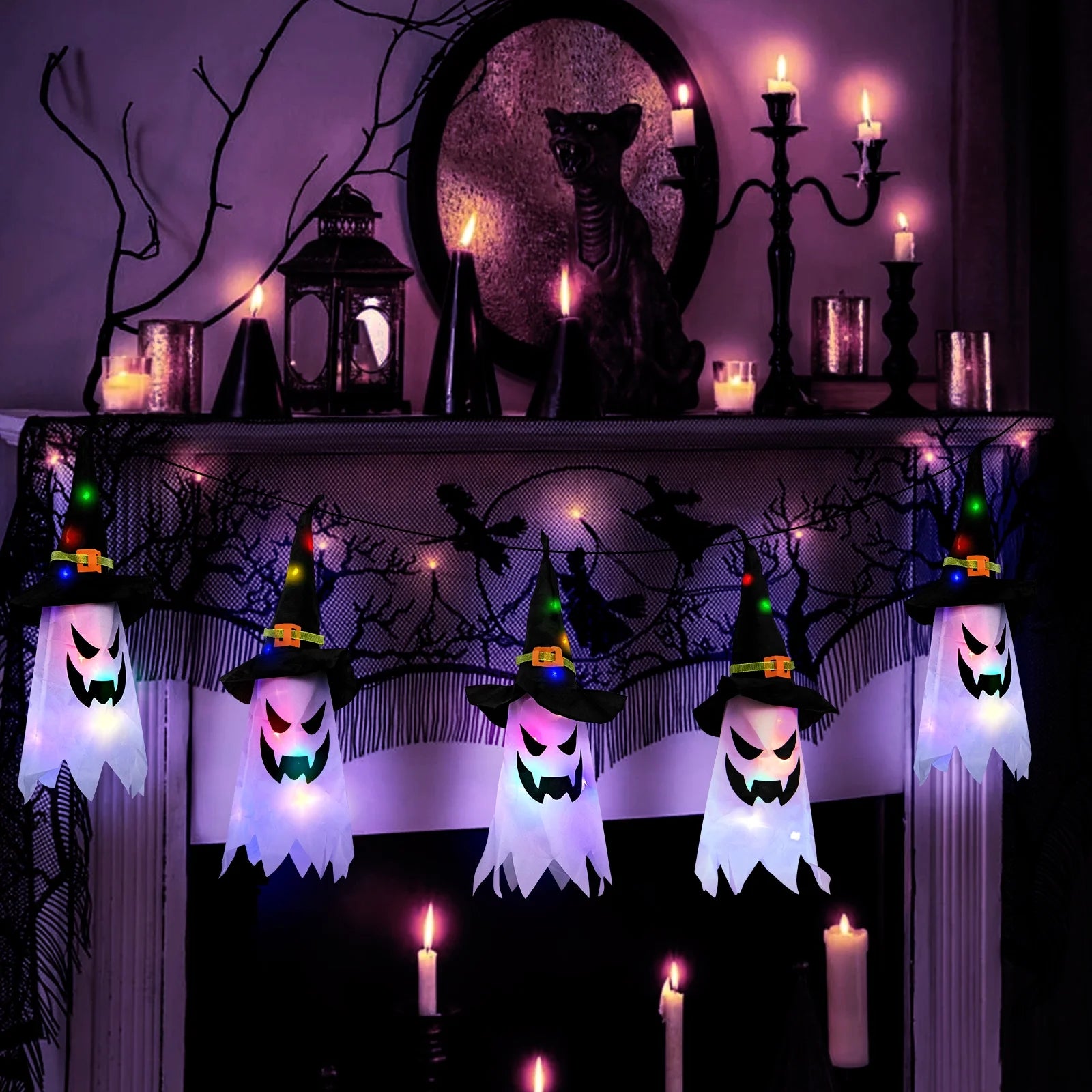 Lights Glowing Ghost Witch Hat Indoor Ornaments Halloween Lights for Home Tree Garden Yard (5 Pcs)