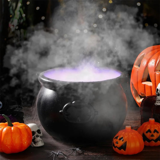 Halloween Party Mist Maker, Halloween Witch Cauldron Fog Maker with 12 LED Lights,Water Fountain Pond Fog Atomizer