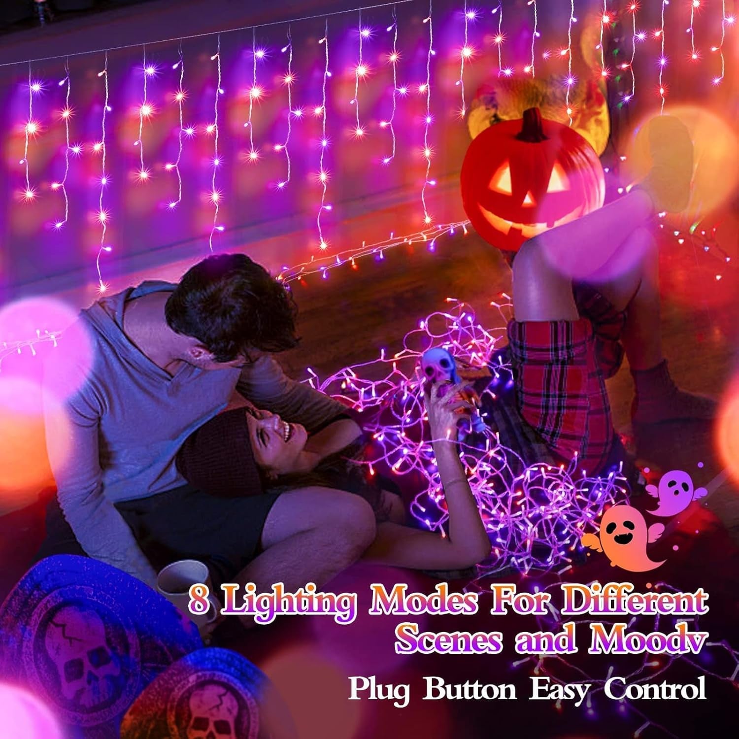 65 FT 640 LED Halloween Lights Outdoor Decorations Clear Wire String Lights Plug in 120 Drops 8 Modes Memory Timer Curtain Fairy Lights Waterproof for Holiday Wedding Party-Orange and Purple