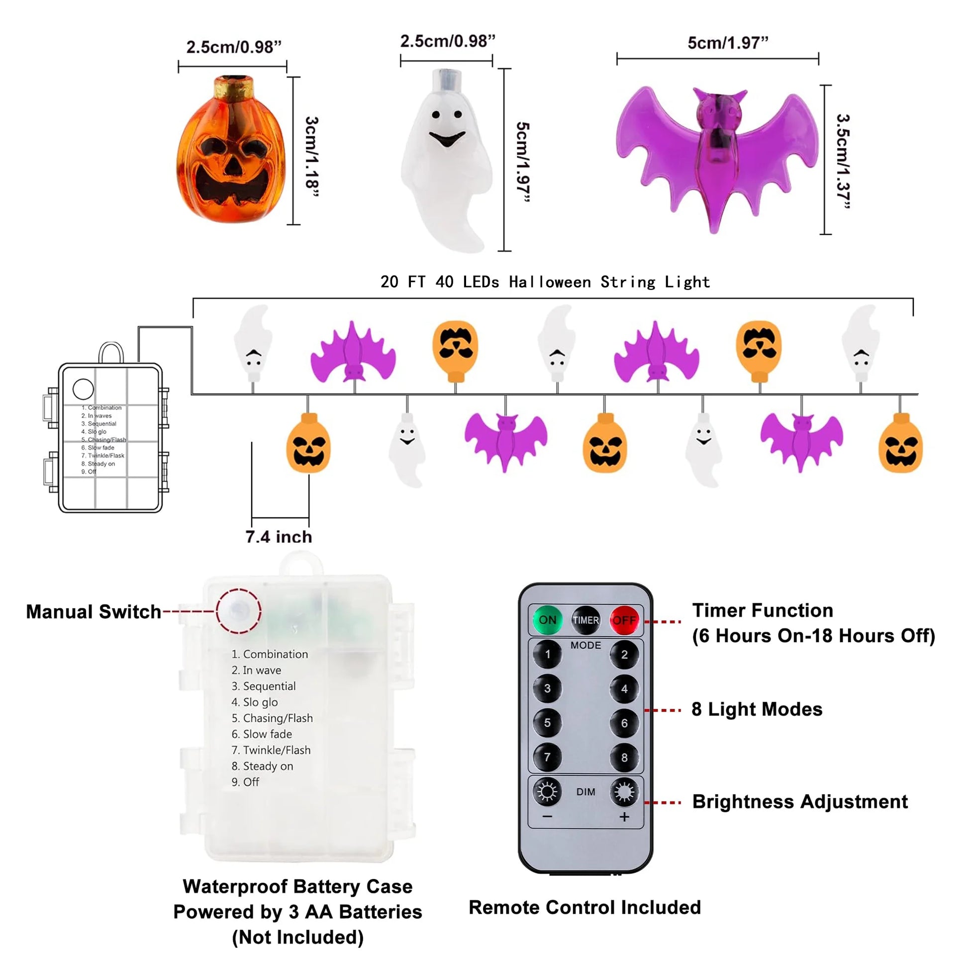 20Ft 40 LED Halloween String Lights with Pumpkin Bat Ghost, 8 Lighting Modes Waterproof Halloween Decorations for Home Party Decor