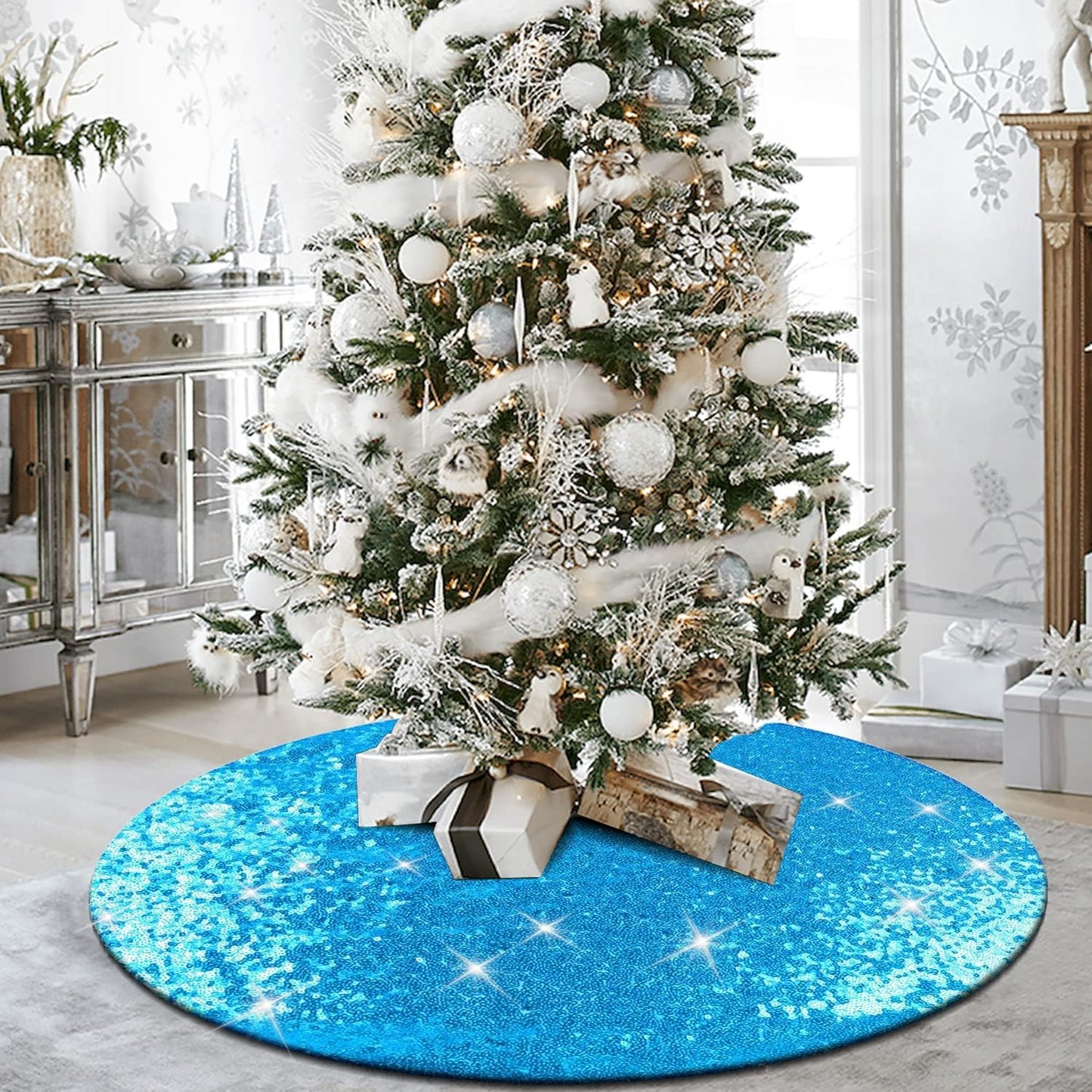 Teal Blue Christmas Tree Skirt, 48 Inch Sequin Double Layers Tree Mat for Turquoise Christmas Decorations