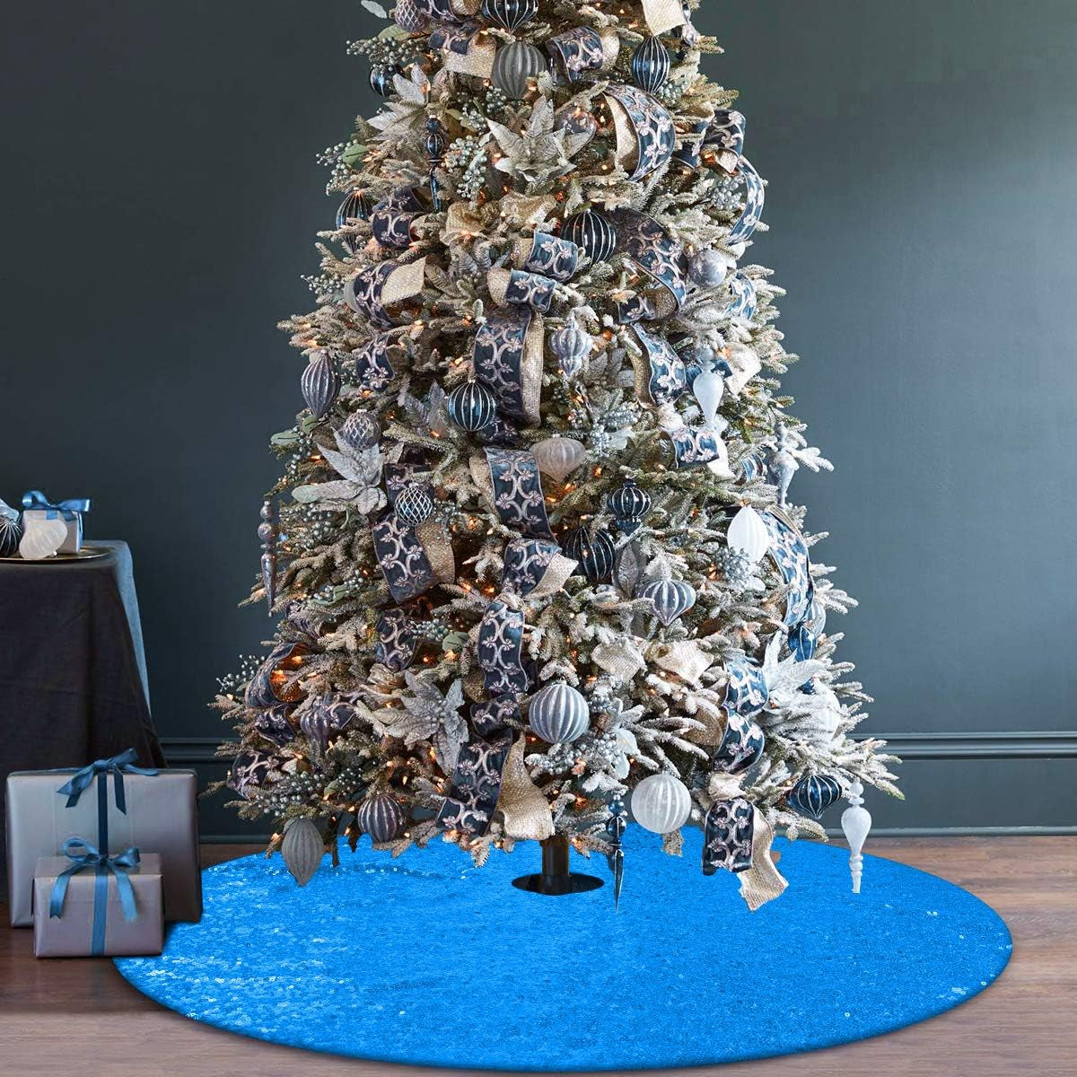 Teal Blue Christmas Tree Skirt, 48 Inch Sequin Double Layers Tree Mat for Turquoise Christmas Decorations
