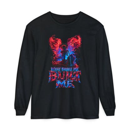UNISEX LONG SLEEVE T-SHIRT — "What Broke Me Built Me" Neon Angel Graphic
