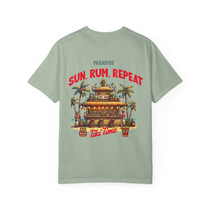 MENS TIKI BAR T-SHIRT — "Sun, Rum, Repeat" Tropical Tiki Paradise