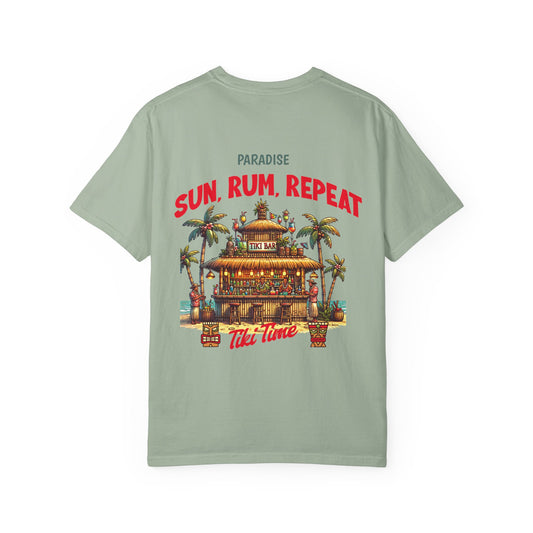 MENS TIKI BAR T-SHIRT — "Sun, Rum, Repeat" Tropical Tiki Paradise