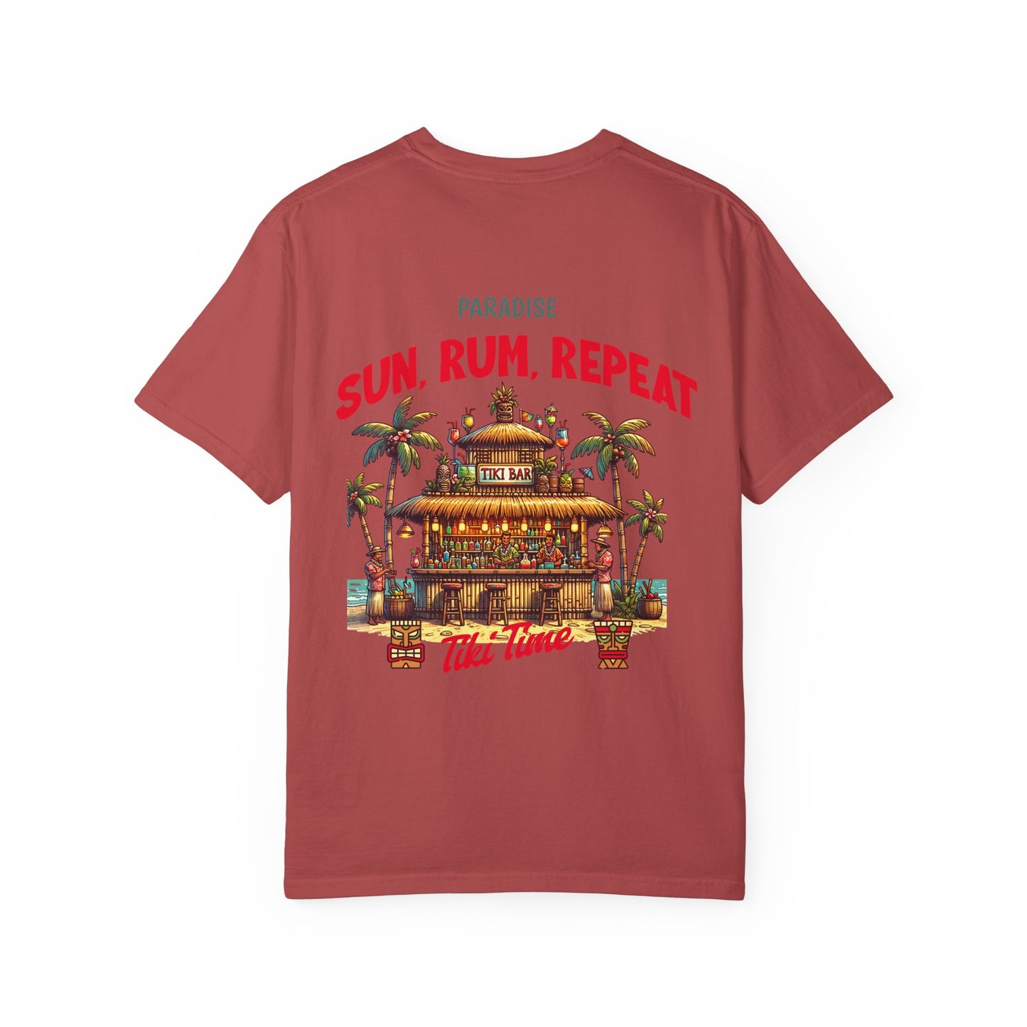 MENS TIKI BAR T-SHIRT — "Sun, Rum, Repeat" Tropical Tiki Paradise