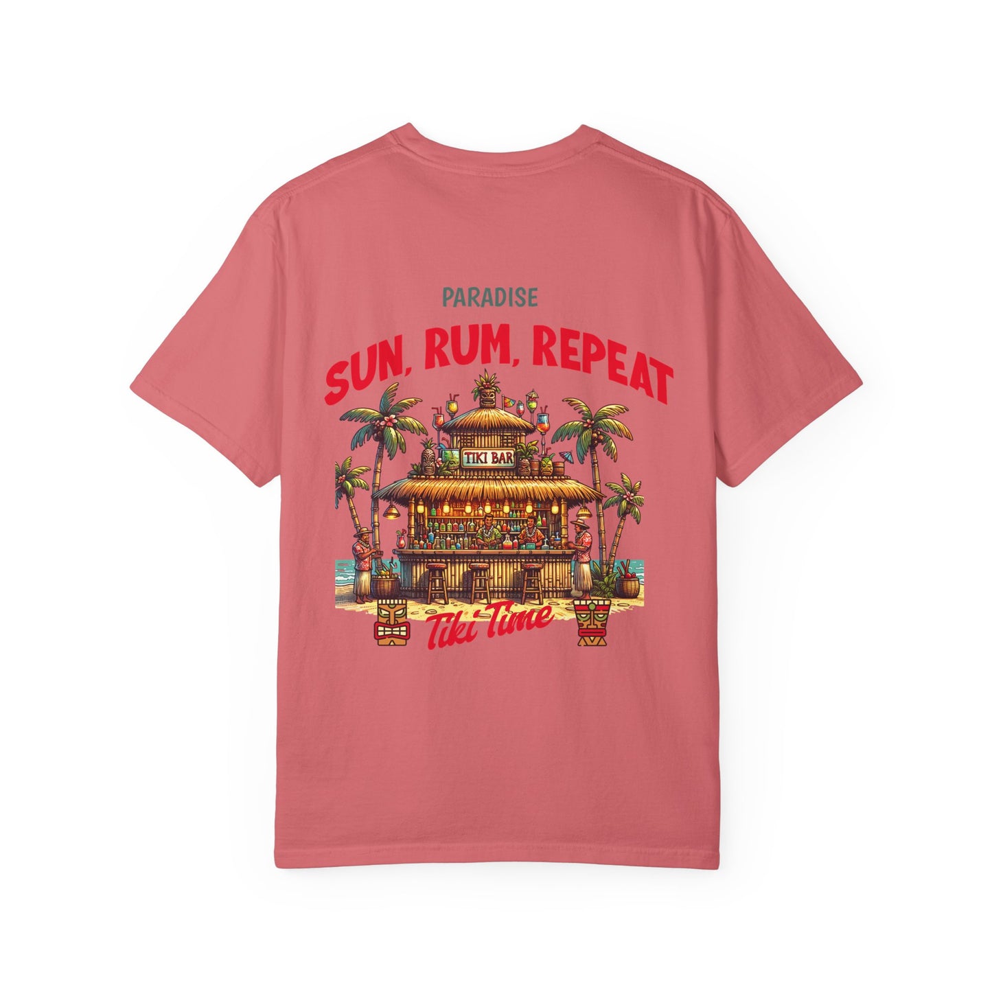 MENS TIKI BAR T-SHIRT — "Sun, Rum, Repeat" Tropical Tiki Paradise