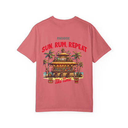 MENS TIKI BAR T-SHIRT — "Sun, Rum, Repeat" Tropical Tiki Paradise