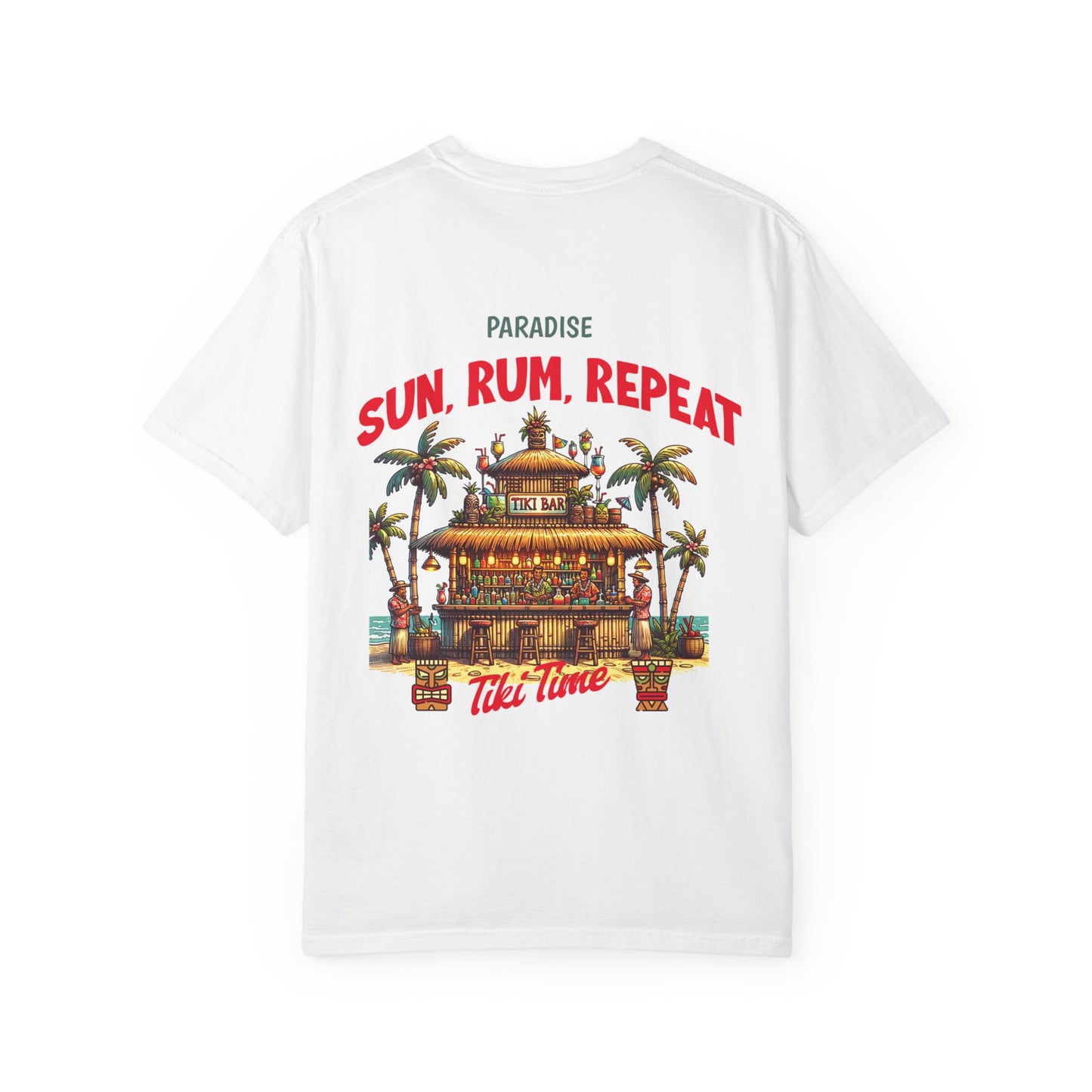 MENS TIKI BAR T-SHIRT — "Sun, Rum, Repeat" Tropical Tiki Paradise