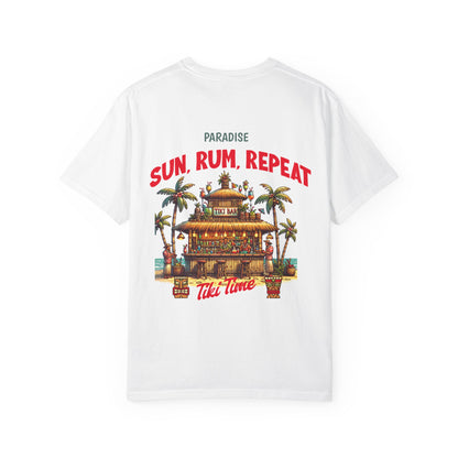 MENS TIKI BAR T-SHIRT — "Sun, Rum, Repeat" Tropical Tiki Paradise