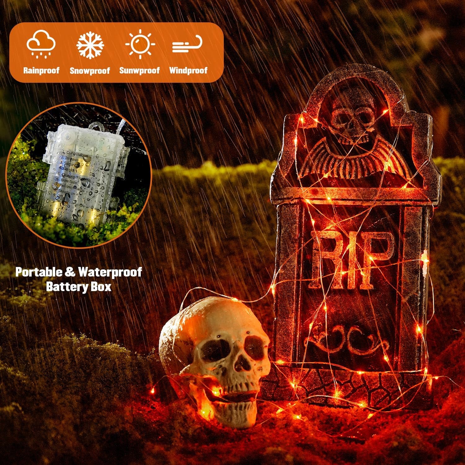 2 Pack Orange Fairy Lights, Total 200 LED 66Ft Battery Operated Halloween Lights with Remote, 8 Modes Twinkle String Light for Halloween Thangksgiving Fall Tree Indoor Outdoor Decoration