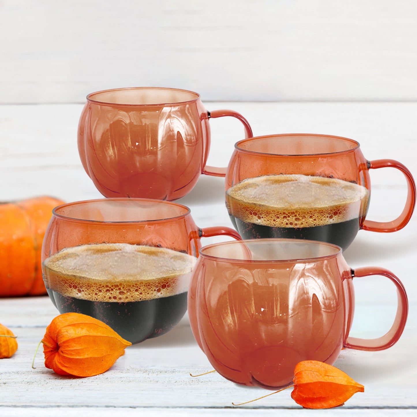 Orange Glass Pumpkin Mug 4 Pack Drinkware Sets