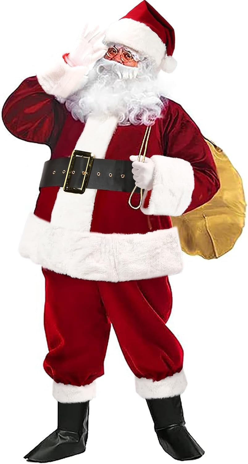 Men'S Santa Claus Costume 9PCS Santa Costume Deluxe Set - Adult Christmas Santa Suit Outfit