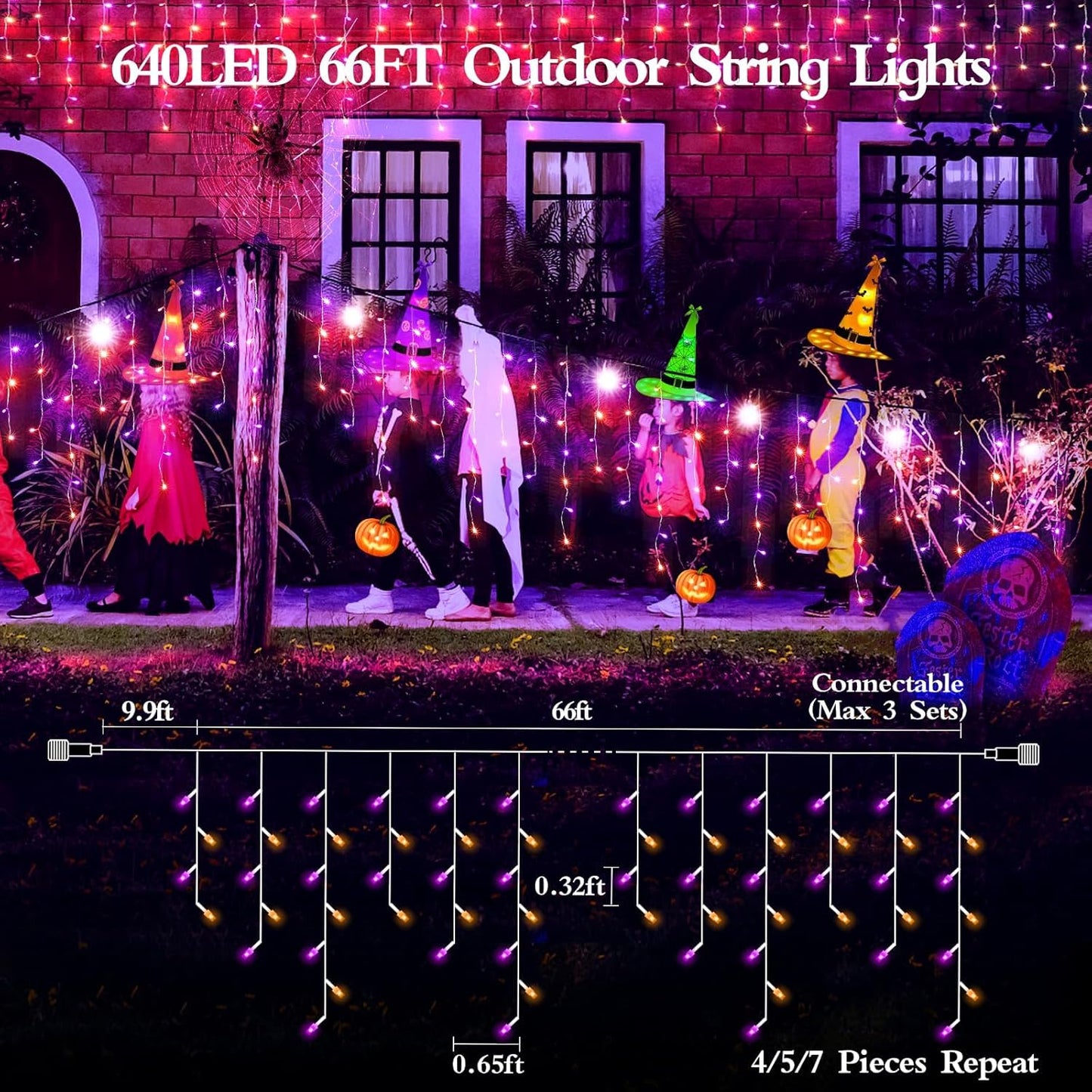 65 FT 640 LED Halloween Lights Outdoor Decorations Clear Wire String Lights Plug in 120 Drops 8 Modes Memory Timer Curtain Fairy Lights Waterproof for Holiday Wedding Party-Orange and Purple