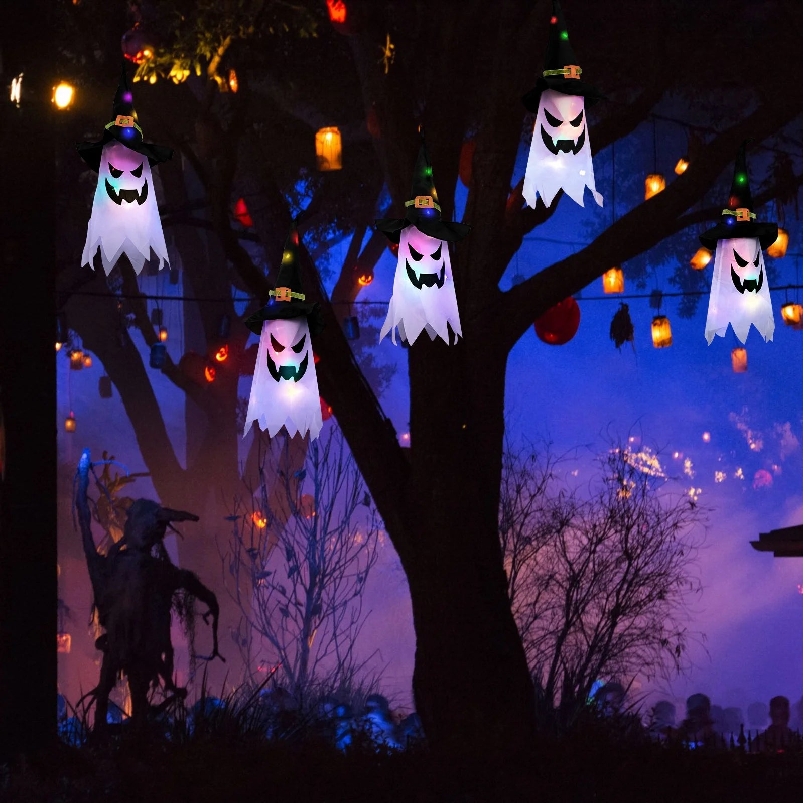 Lights Glowing Ghost Witch Hat Indoor Ornaments Halloween Lights for Home Tree Garden Yard (5 Pcs)