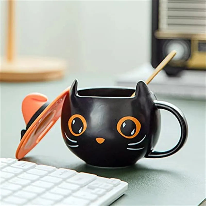 300Ml Creative Cute Black Cat Cup Ceramic Coffee Mug with Handle Halloween Magic Hat Tea Milk Cup Family Couples Friend Kid Gift