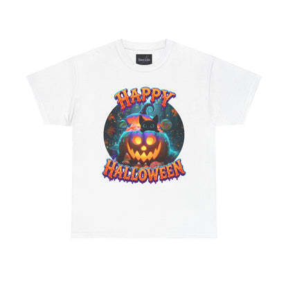 UNISEX T-SHIRT Happy Halloween — Glowing Jack-O'-Lantern & Black Cat Halloween Tee