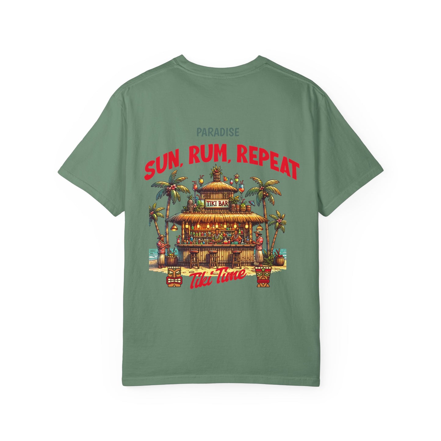MENS TIKI BAR T-SHIRT — "Sun, Rum, Repeat" Tropical Tiki Paradise