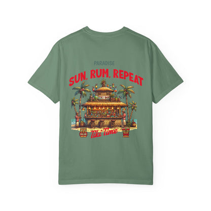 MENS TIKI BAR T-SHIRT — "Sun, Rum, Repeat" Tropical Tiki Paradise