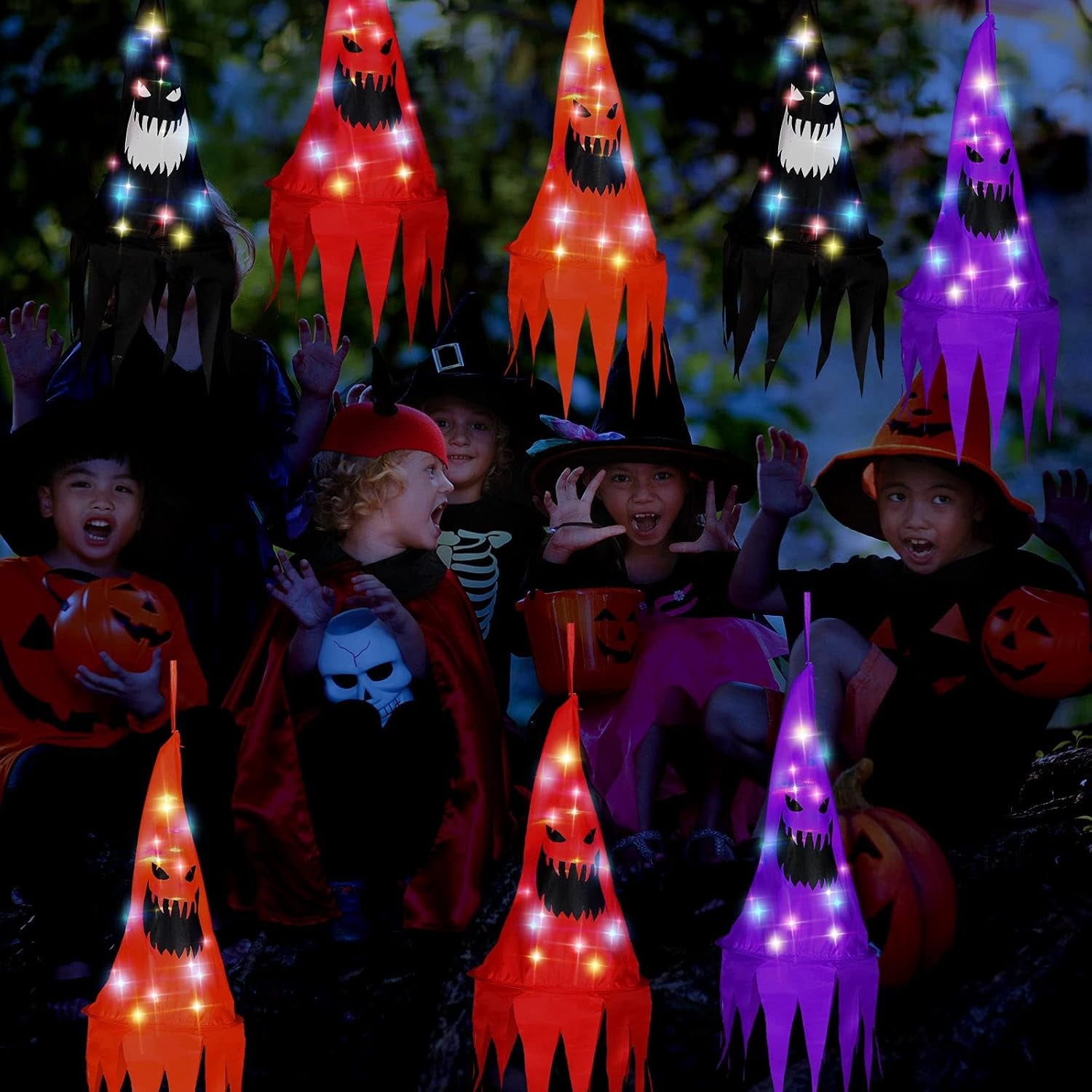 8 Pieces Halloween Witch Hat Decorations Witch Hats String Light Halloween Witch Decorations for Garden, Indoor, Yard, Tree, Party, Suitable for Ages 8 and Up(Ghost Style)