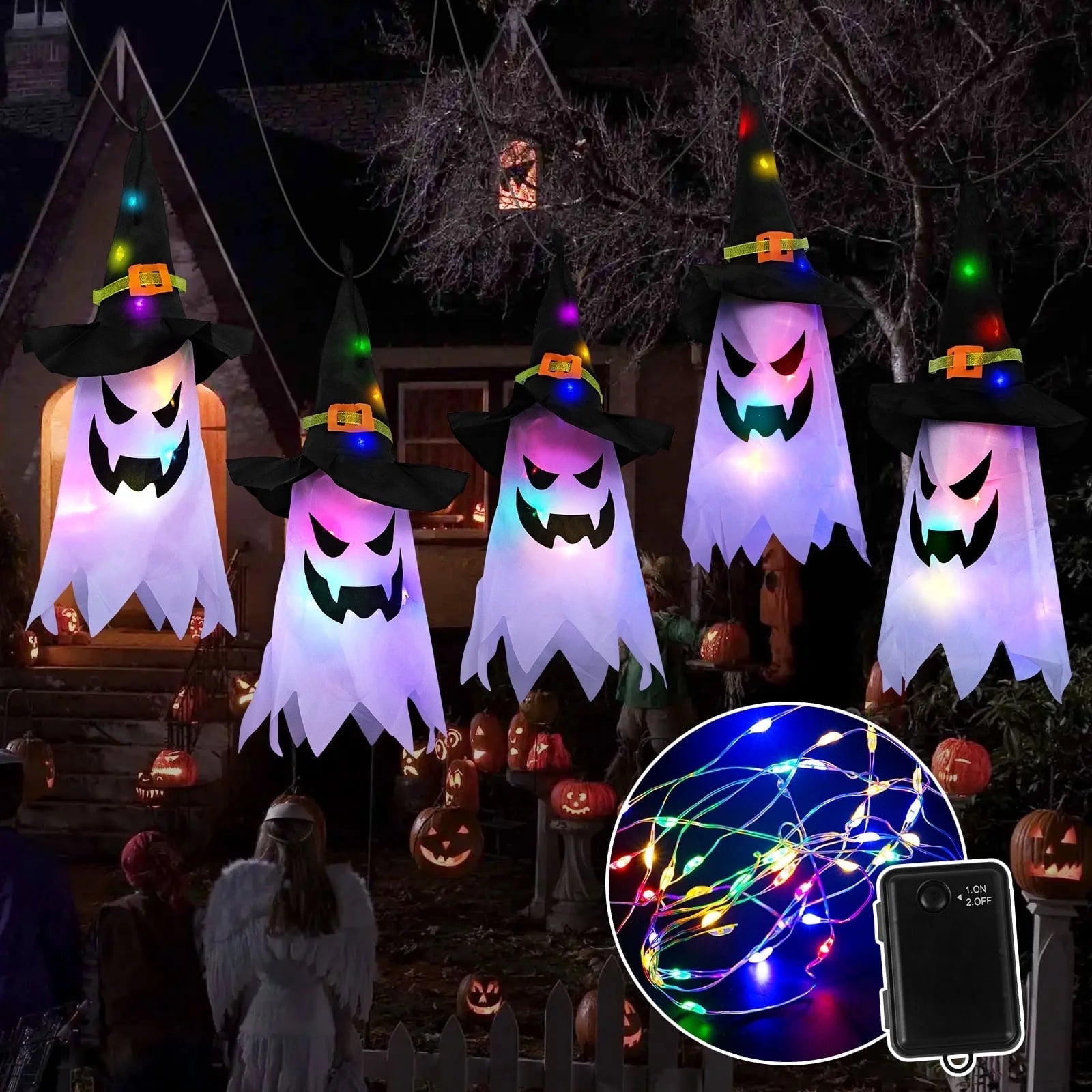 Lights Glowing Ghost Witch Hat Indoor Ornaments Halloween Lights for Home Tree Garden Yard (5 Pcs)