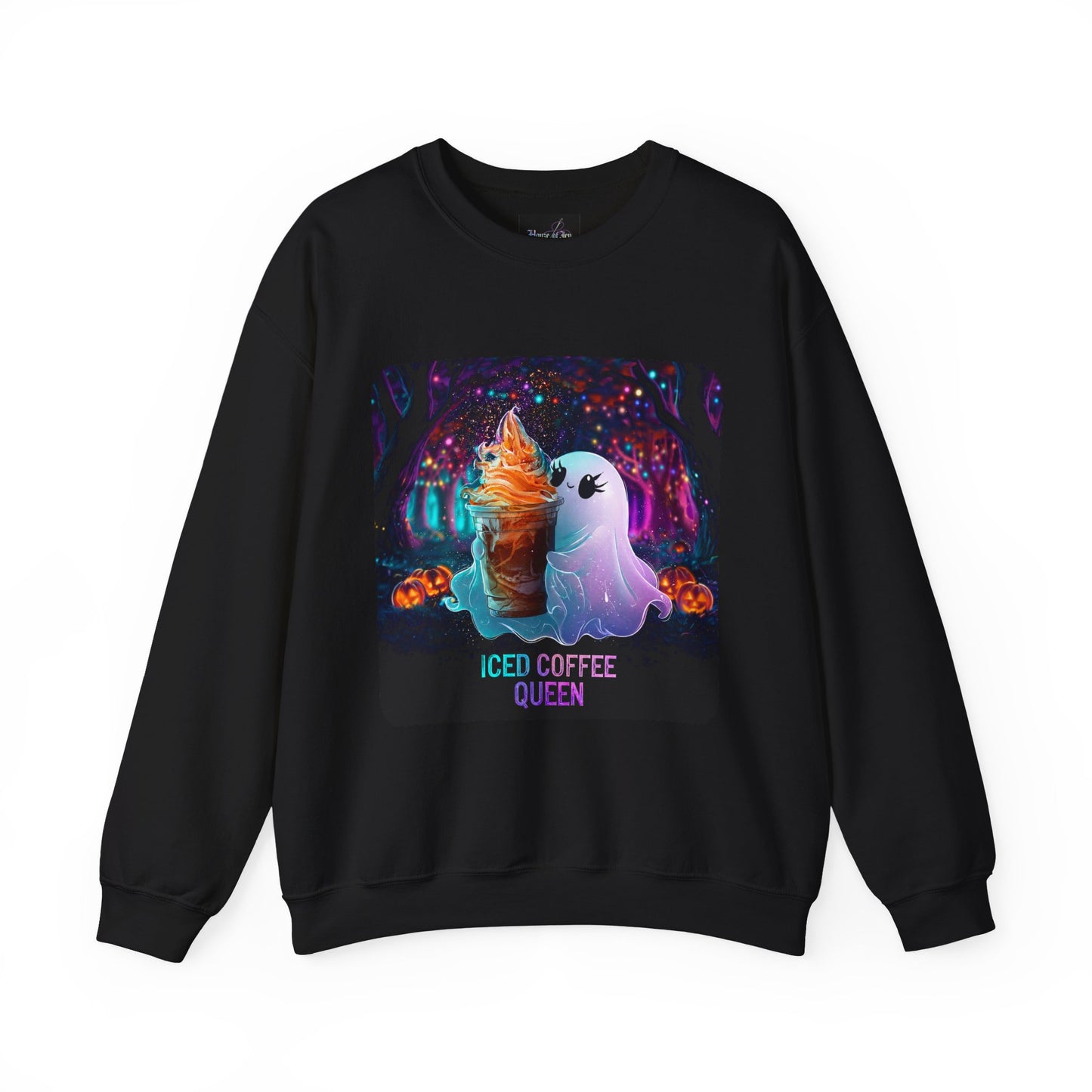 WOMENS SWEATSHIRT Iced Coffee Queen - Cute Ghost & Pumpkin Autumn Crewneck w/ Custom Sleeve Option