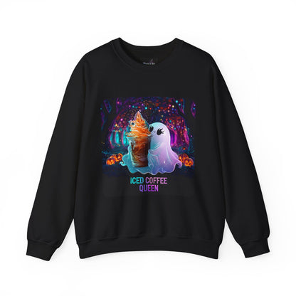 WOMENS SWEATSHIRT Iced Coffee Queen - Cute Ghost & Pumpkin Autumn Crewneck w/ Custom Sleeve Option