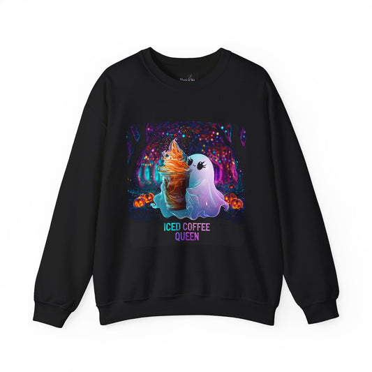 WOMENS SWEATSHIRT Iced Coffee Queen - Cute Ghost & Pumpkin Autumn Crewneck w/ Custom Sleeve Option