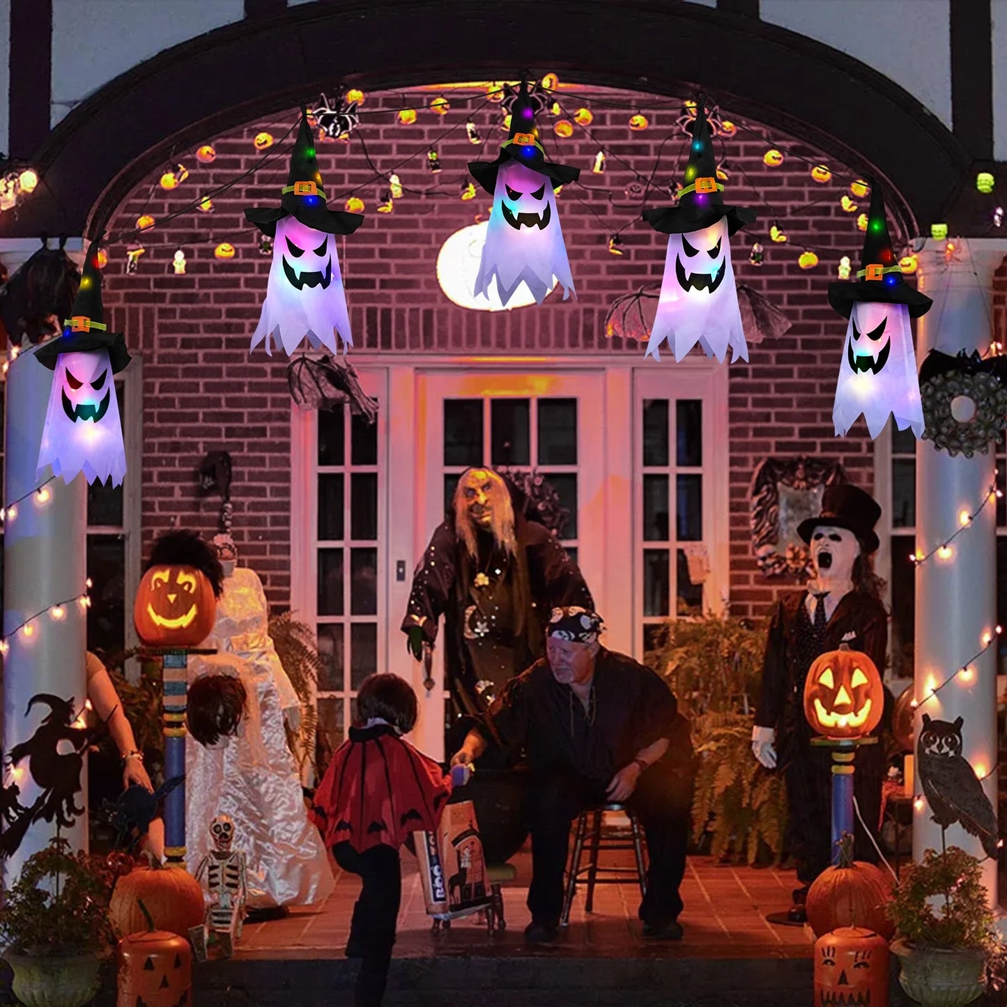 Lights Glowing Ghost Witch Hat Indoor Ornaments Halloween Lights for Home Tree Garden Yard (5 Pcs)