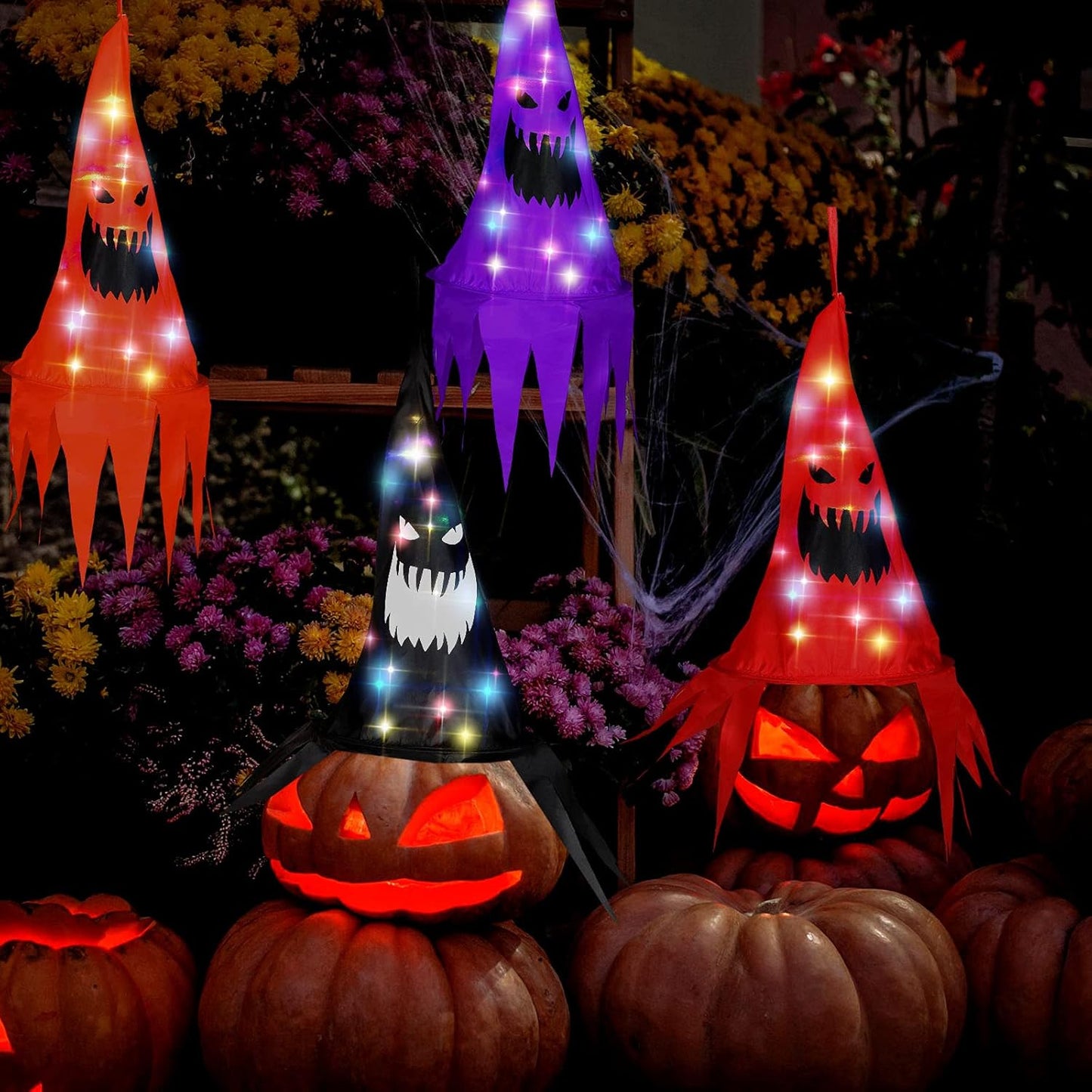 8 Pieces Halloween Witch Hat Decorations Witch Hats String Light Halloween Witch Decorations for Garden, Indoor, Yard, Tree, Party, Suitable for Ages 8 and Up(Ghost Style)