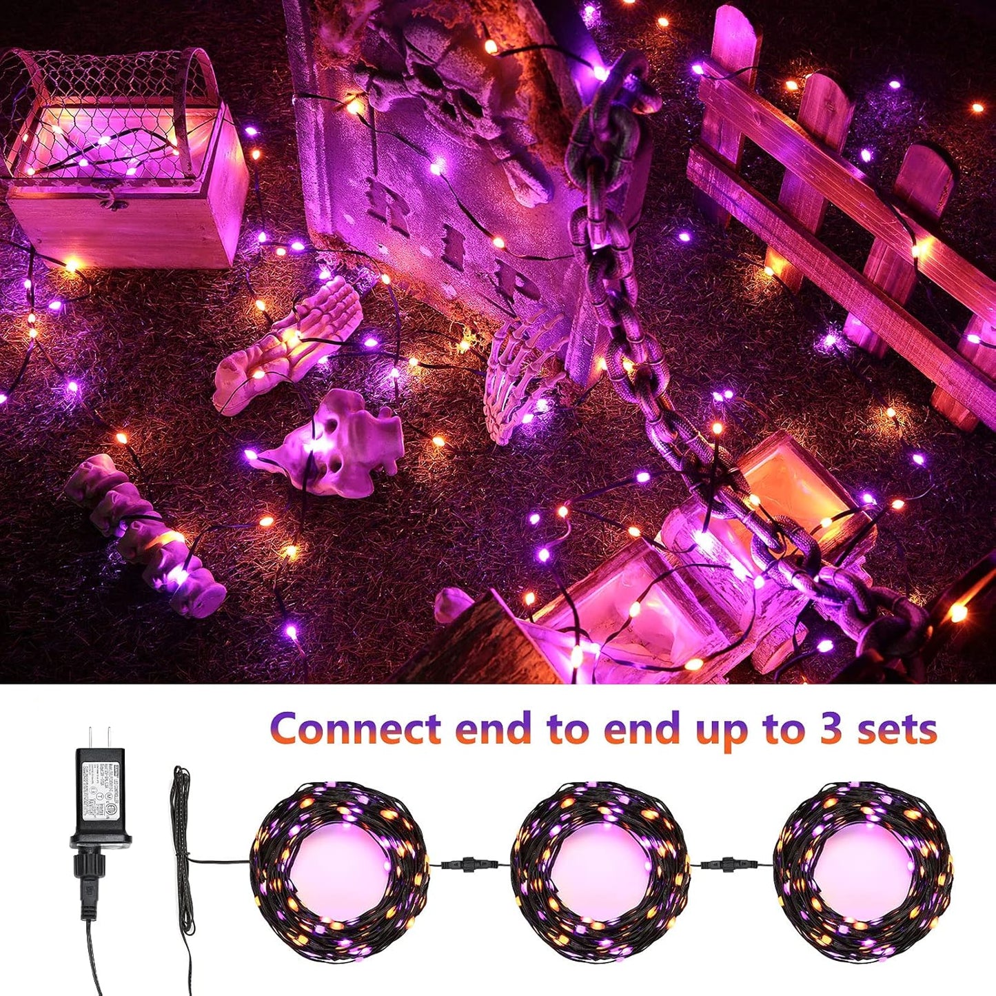 Orange & Purple Halloween String Lights - 72Ft 200 LED Outdoor Connectable, 8 Modes, Indoor Tree Black Wire for Party Haunted House Decor