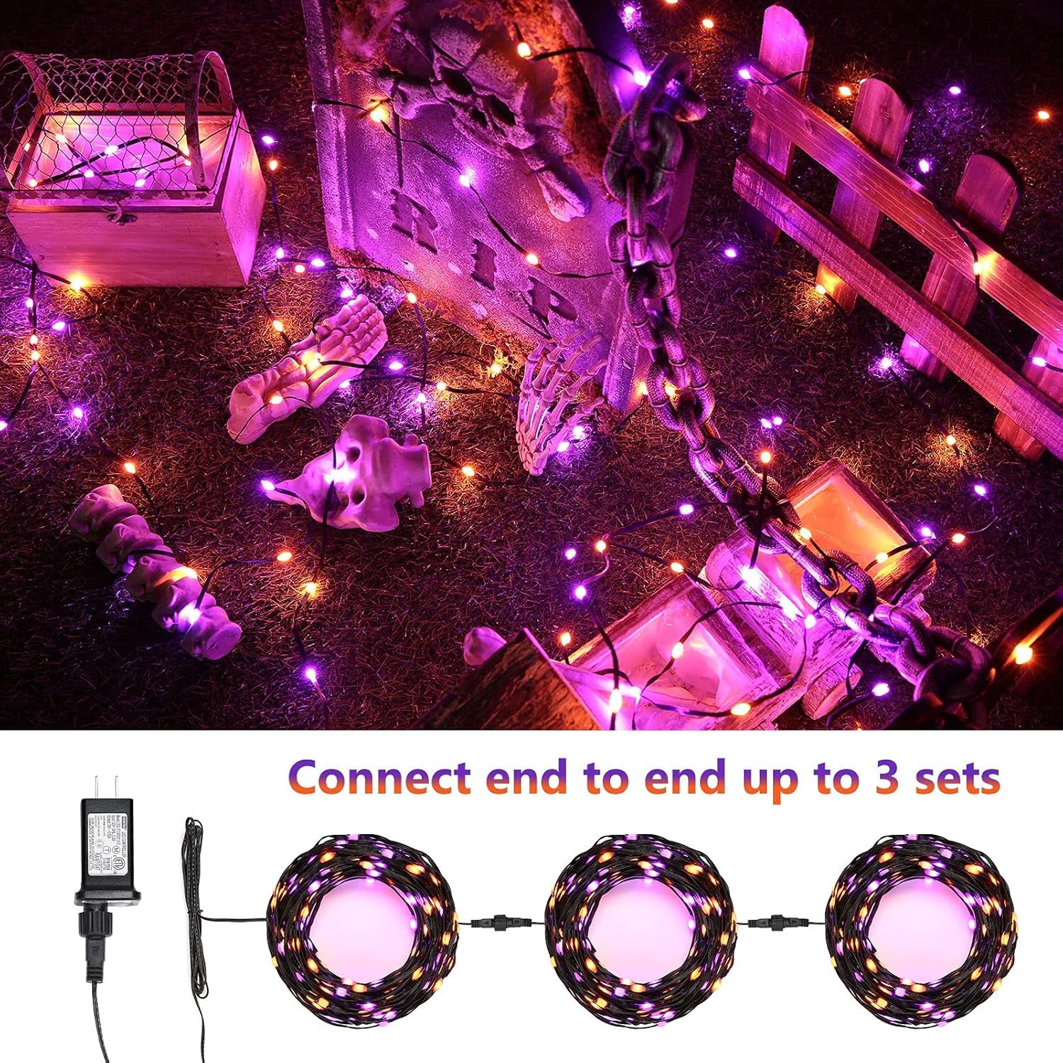 Orange & Purple Halloween String Lights - 72Ft 200 LED Outdoor Connectable, 8 Modes, Indoor Tree Black Wire for Party Haunted House Decor
