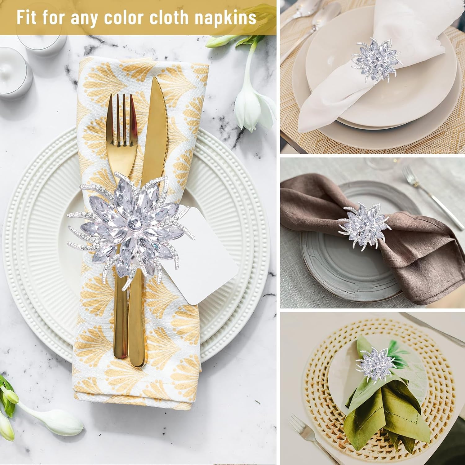 Set of 12 Christmas Lotus Flower Napkin Rings Set for Dinning Table Setting- Silver Rhinestone Xmas Winter Napkin Ring Holders for Cloth Napkins, Christmas Holiday Party Dinner Table Decoration