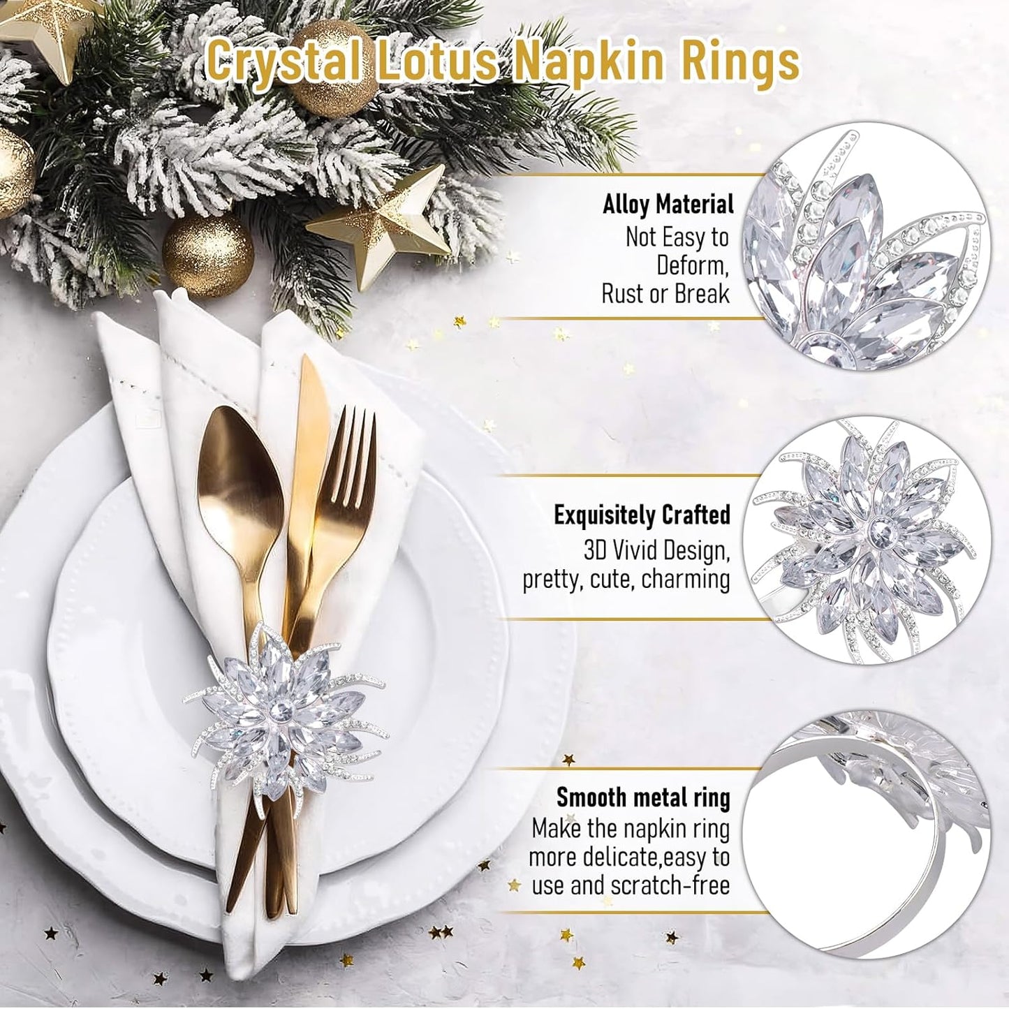 Set of 12 Christmas Lotus Flower Napkin Rings Set for Dinning Table Setting- Silver Rhinestone Xmas Winter Napkin Ring Holders for Cloth Napkins, Christmas Holiday Party Dinner Table Decoration