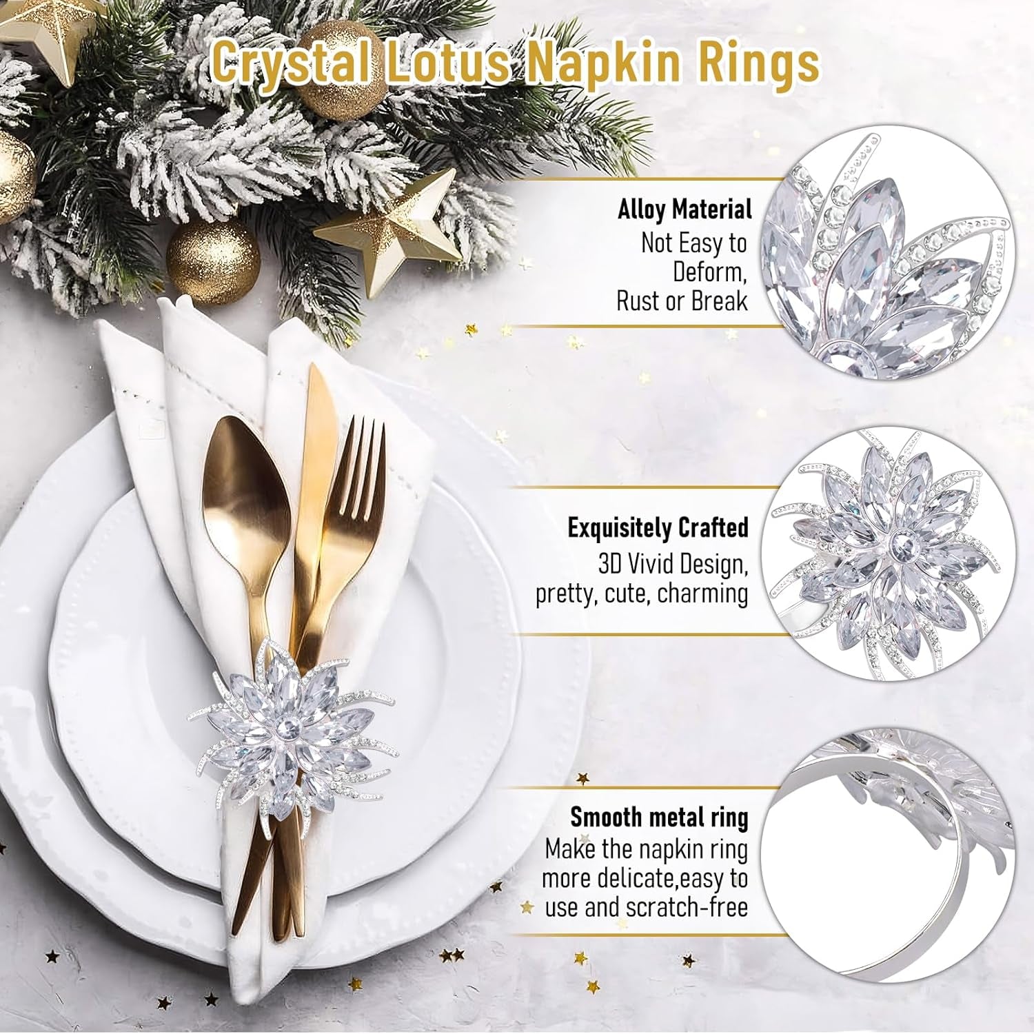 Set of 12 Christmas Lotus Flower Napkin Rings Set for Dinning Table Setting- Silver Rhinestone Xmas Winter Napkin Ring Holders for Cloth Napkins, Christmas Holiday Party Dinner Table Decoration