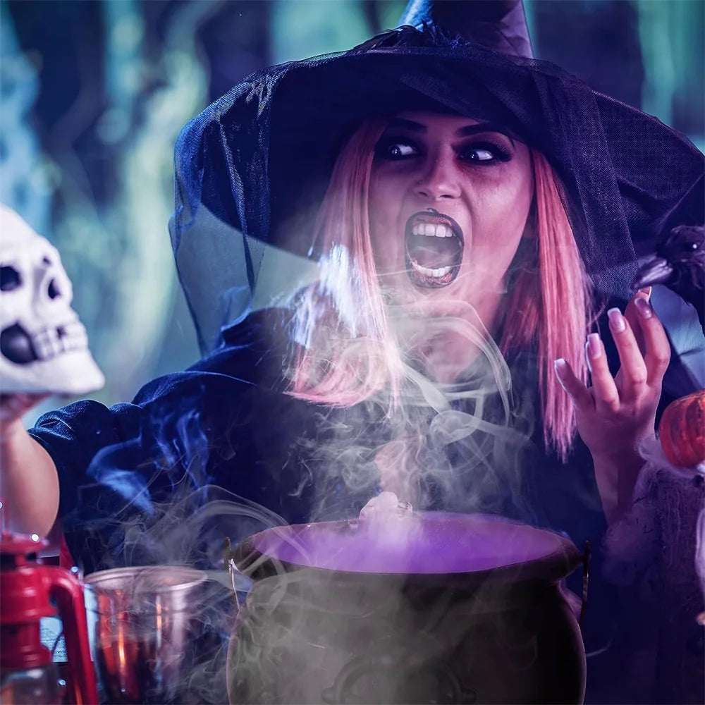 Halloween Party Mist Maker, Halloween Witch Cauldron Fog Maker with 12 LED Lights,Water Fountain Pond Fog Atomizer