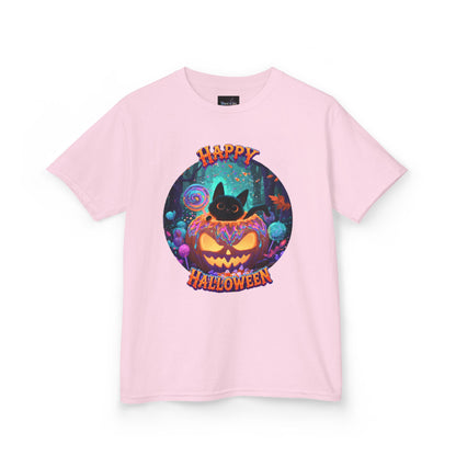 KIDS T-SHIRT Halloween  — Happy Halloween SMILING Cat & Jack-O'-Lantern Pumpkin Design