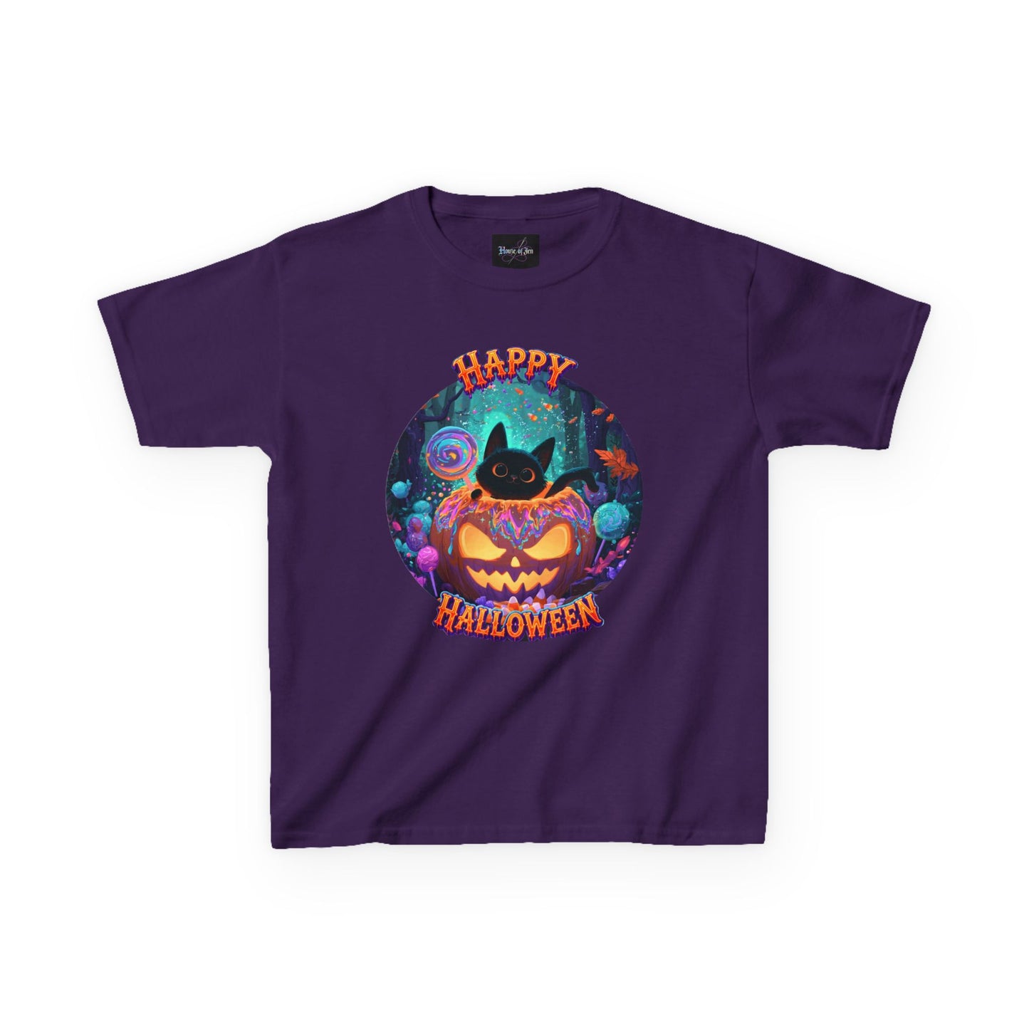 KIDS T-SHIRT Halloween  — Happy Halloween SMILING Cat & Jack-O'-Lantern Pumpkin Design