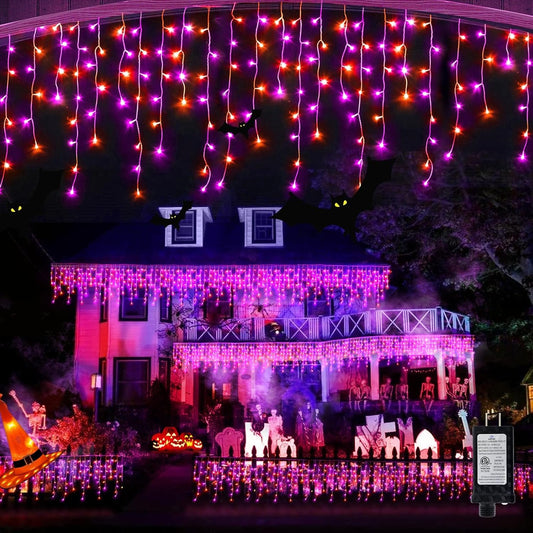 65 FT 640 LED Halloween Lights Outdoor Decorations Clear Wire String Lights Plug in 120 Drops 8 Modes Memory Timer Curtain Fairy Lights Waterproof for Holiday Wedding Party-Orange and Purple