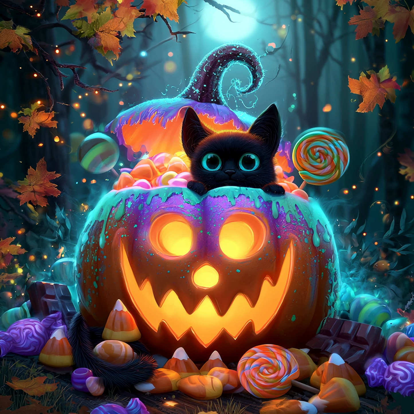 SWEATSHIRT Happy Halloween— Glowing Jack-o'-Lantern & Black Cat Crewneck