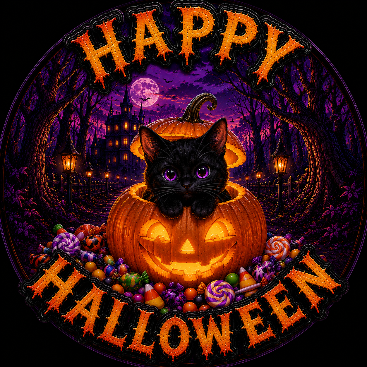 Happy Halloween Black Cat in Pumpkin