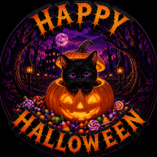 Happy Halloween Black Cat in Pumpkin
